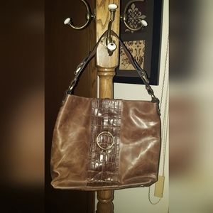 Large brown genuine leather bobo handbag with antique brass look hardware detail